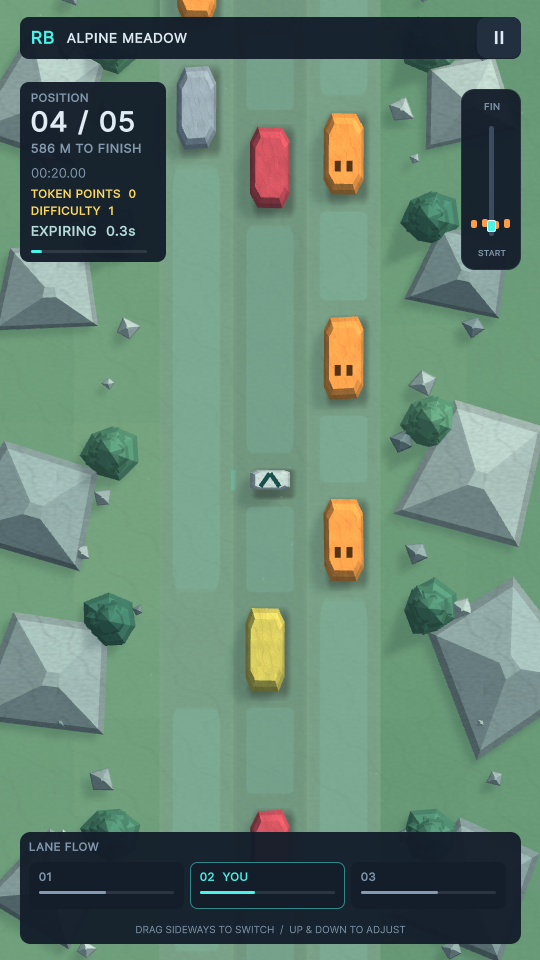 Racing Blocks gameplay in Alpine Meadow with angular mountains, trees, and changing traffic lanes.