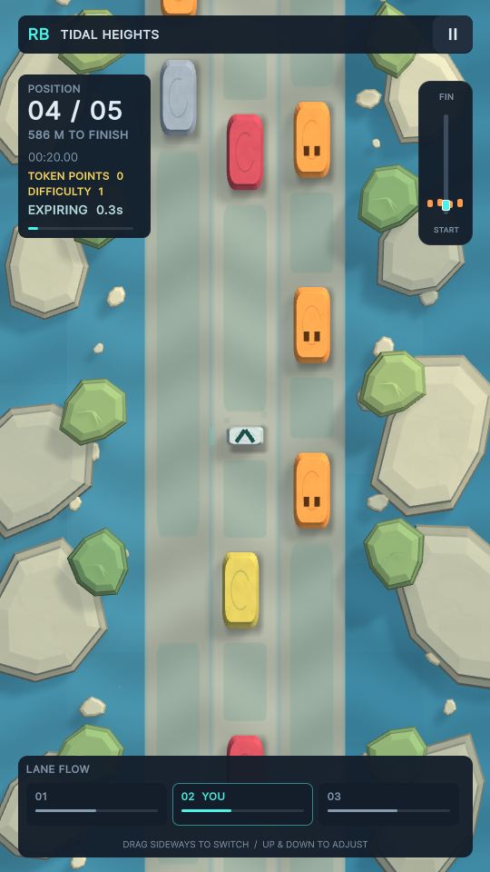 Racing Blocks gameplay in Tidal Heights: colorful traffic and cyan gap guides on a coastal track.