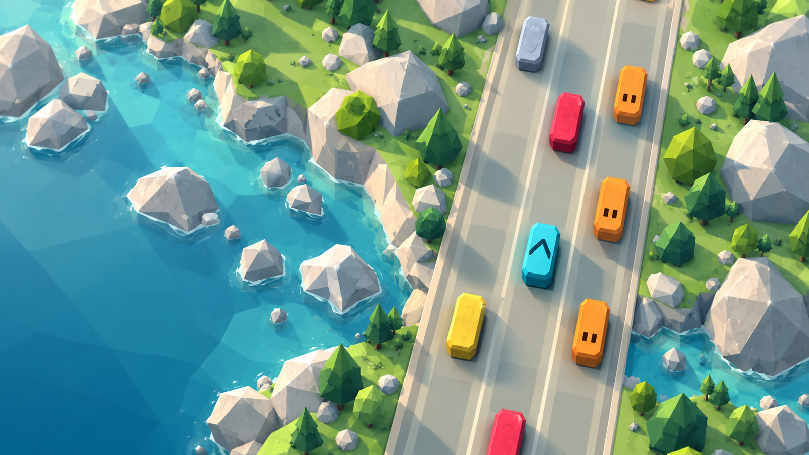 Promotional artwork for Racing Blocks: cyan and orange block racers on a low-poly coastal mountain track.